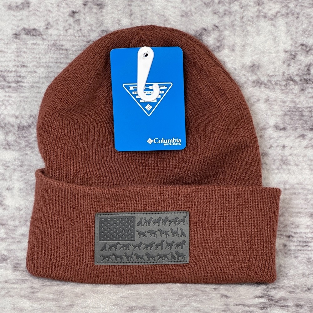 NWT Columbia PHG Game Flag Cuffed Beanie Unisex OSFM Red-Brown Hunting Dog Patch